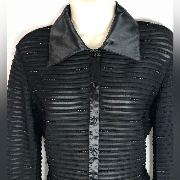JS COLLECTIONS Evening Black Semi Sheer Satin French Cuff Beaded Blouse Size 10 - Picture 9 of 15